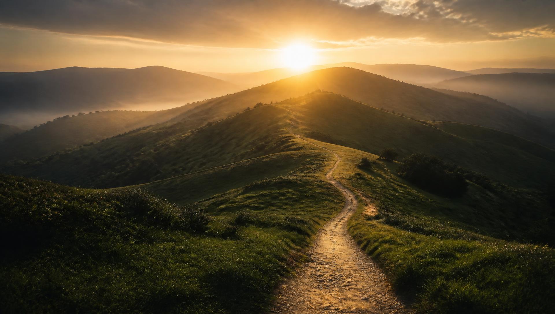 A winding path across green hills at sunrise